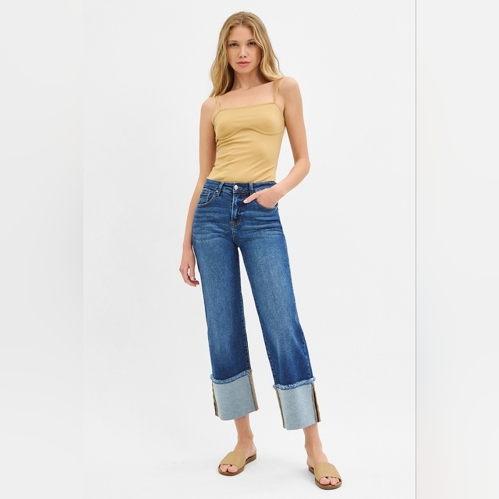 Risen Mid Rise Dark Wash Slim Wide Leg Wide Cuff Denim Jeans Stretch Various NEW